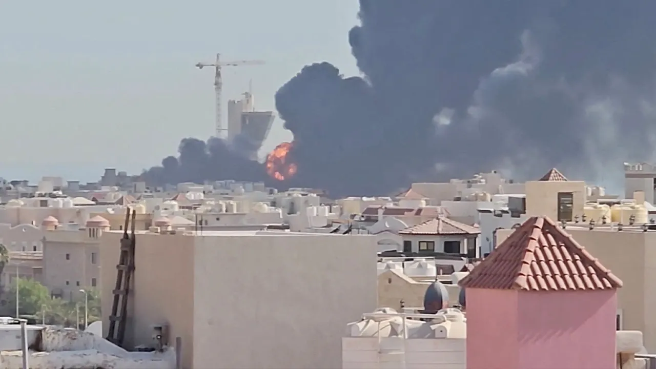 Smoke billows near the oil facility in Mangaf, Kuwait, July 18, 2026, in this screen grab obtained from a social media video. Social Media/via REUTERS THIS IMAGE HAS BEEN SUPPLIED BY A THIRD PARTY. MANDATORY CREDIT. NO RESALES. NO ARCHIVES. NEWS USE ONLY. Verification lines: - Tower, mosque, and buildings matched satellite and archive imagery. - Date verified by statement from Kuwait Petroleum Corporation that one of its oil facilities had been hit in "repeated Iranian attacks," causing significant damage a