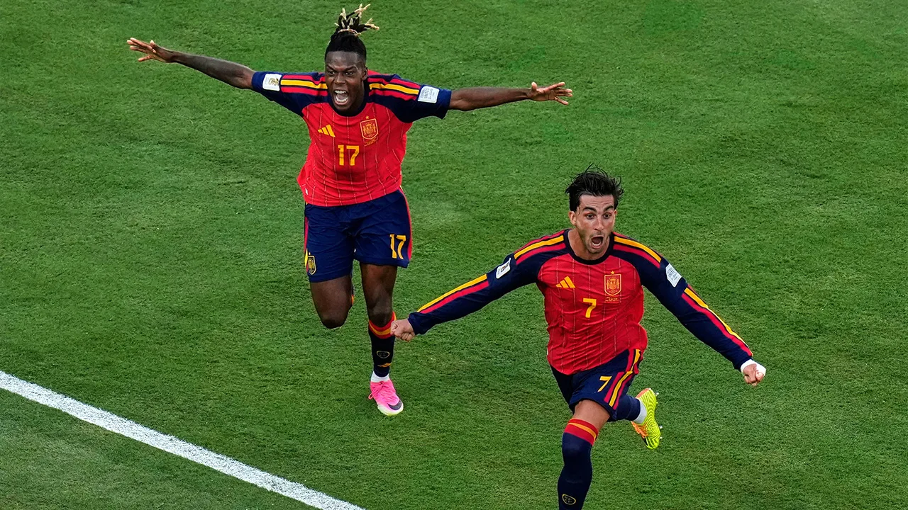 Spain's Ferran Torres (7) celebrates after scoring the opening goal of his team during the World Cup final soccer match between Spain and Argentina in East Rutherford, N.J., near New York, Sunday, July 19, 2026. (AP Photo/Seth Wenig)