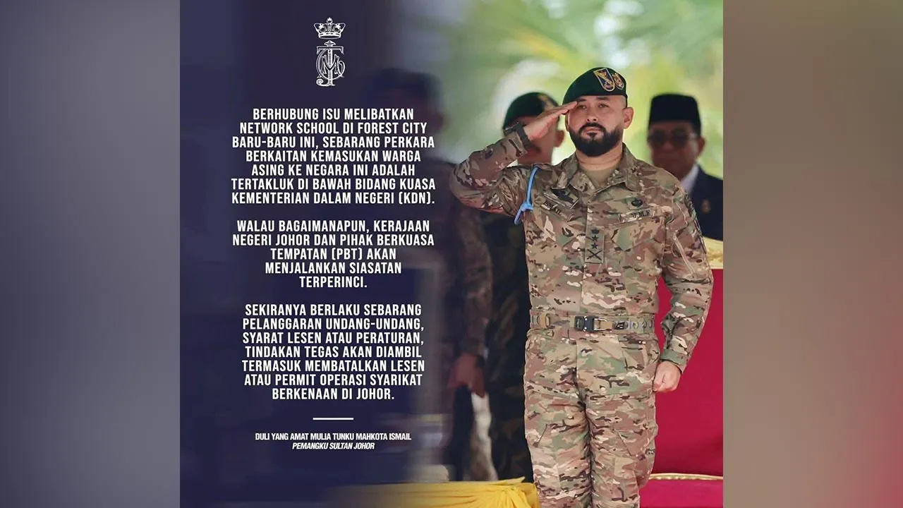 Berhubung isu melibatkan Network School di Forest City baru-baru ini, sebarang perkara berkaitan kemasukan warga asing ke negara ini adalah tertakluk di bawah bidang kuasa Kementerian Dalam Negeri (KDN). -- FB HRH Crown Prince of Johor