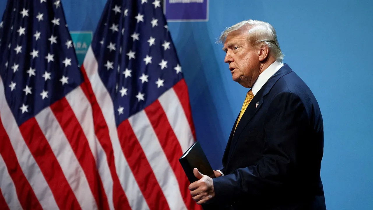 U.S. President Donald Trump arrives to speak to the media on the day of a NATO leaders' summit in Ankara, Turkey, July 8, 2026. REUTERS/Stoyan Nenov/File Photo
