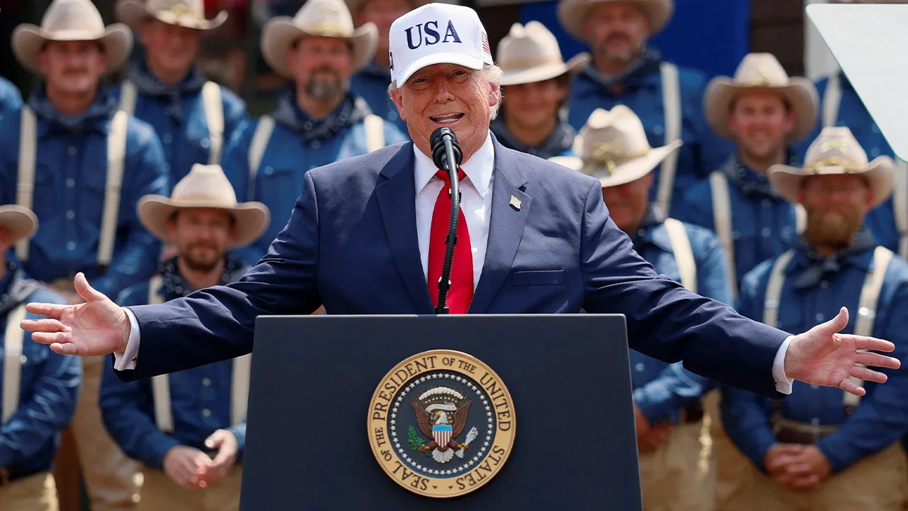 U.S. President Donald Trump speaks at Burning Hills Amphitheatre on the day of the dedication of the Theodore Roosevelt Presidential Library in Medora, North Dakota, U.S., July 1, 2026. REUTERS/Evan Vucci