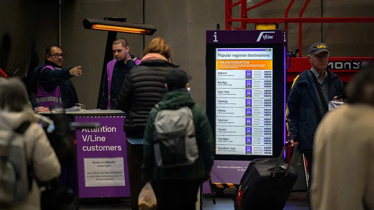 An electronic board displays a disruption warning at Southern Cross Station in Melbourne, Australia, July 8, 2026. AAP/Jay Kogler via REUTERS ATTENTION EDITORS - THIS IMAGE WAS PROVIDED BY A THIRD PARTY. NO RESALES. NO ARCHIVE. AUSTRALIA OUT. NEW ZEALAND OUT. NO COMMERCIAL OR EDITORIAL SALES IN NEW ZEALAND. NO COMMERCIAL OR EDITORIAL SALES IN AUSTRALIA.