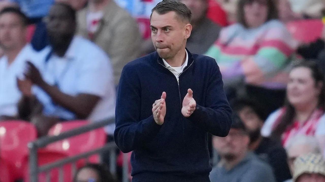 FILE - Southampton's coach Tonda Eckert reacts during the FA Cup semifinal soccer match between Manchester City and Southampton in Manchester, England, April 25, 2026. (AP Photo/Kin Cheung, File)