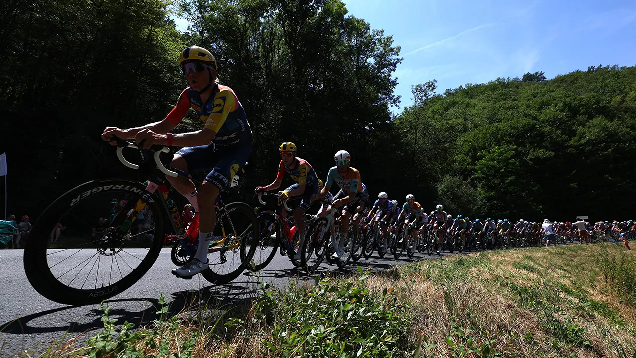 Cycling - Tour de France - Stage 9 - Malemort to Ussel - Malemort, France - July 12, 2026 Lidl - Trek's Toms Skujins in action with riders during stage 9 REUTERS