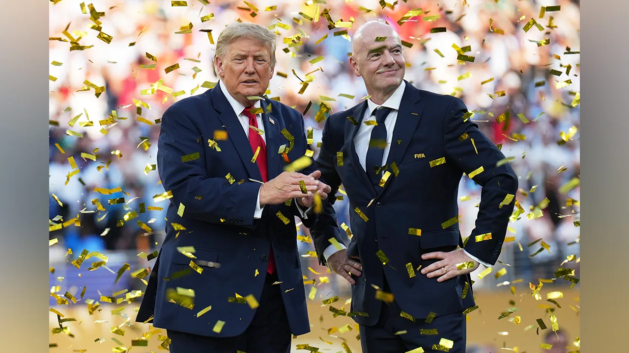 President Donald Trump, left, and FIFA President Gianni Infantino watch confetti fall at the conclusion of the World Cup championship final soccer match between Spain and Argentina in East Rutherford, N.J., Sunday, July 19, 2026. (AP Photo/Jacquelyn Martin)