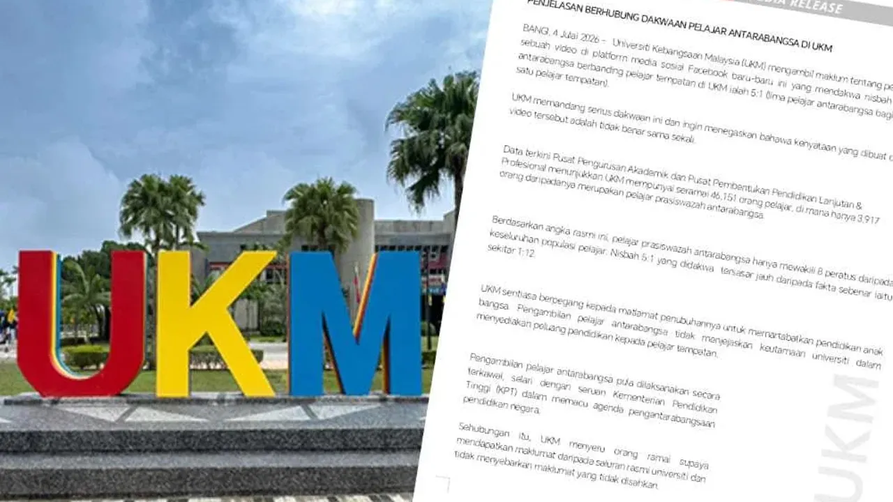SHAH ALAM - Universiti Kebangsaan Malaysia (UKM) menafikan dakwaan yang tular di Facebook kononnya nisbah pelajar antarabangsa berbanding pelajar tempatan di universiti itu ialah 5:1, sambil menegaskan kenyataan berkenaan tidak benar sama sekali.  UKM dalam satu kenyataan memaklumkan, data terkini daripada Pusat Pengurusan Akademik dan Pusat Pembentukan Pendidikan Lanjutan & Profesional menunjukkan universiti itu mempunyai seramai 46,151 pelajar, dengan hanya 3,917 daripadanya adalah pelajar prasiswazah ant