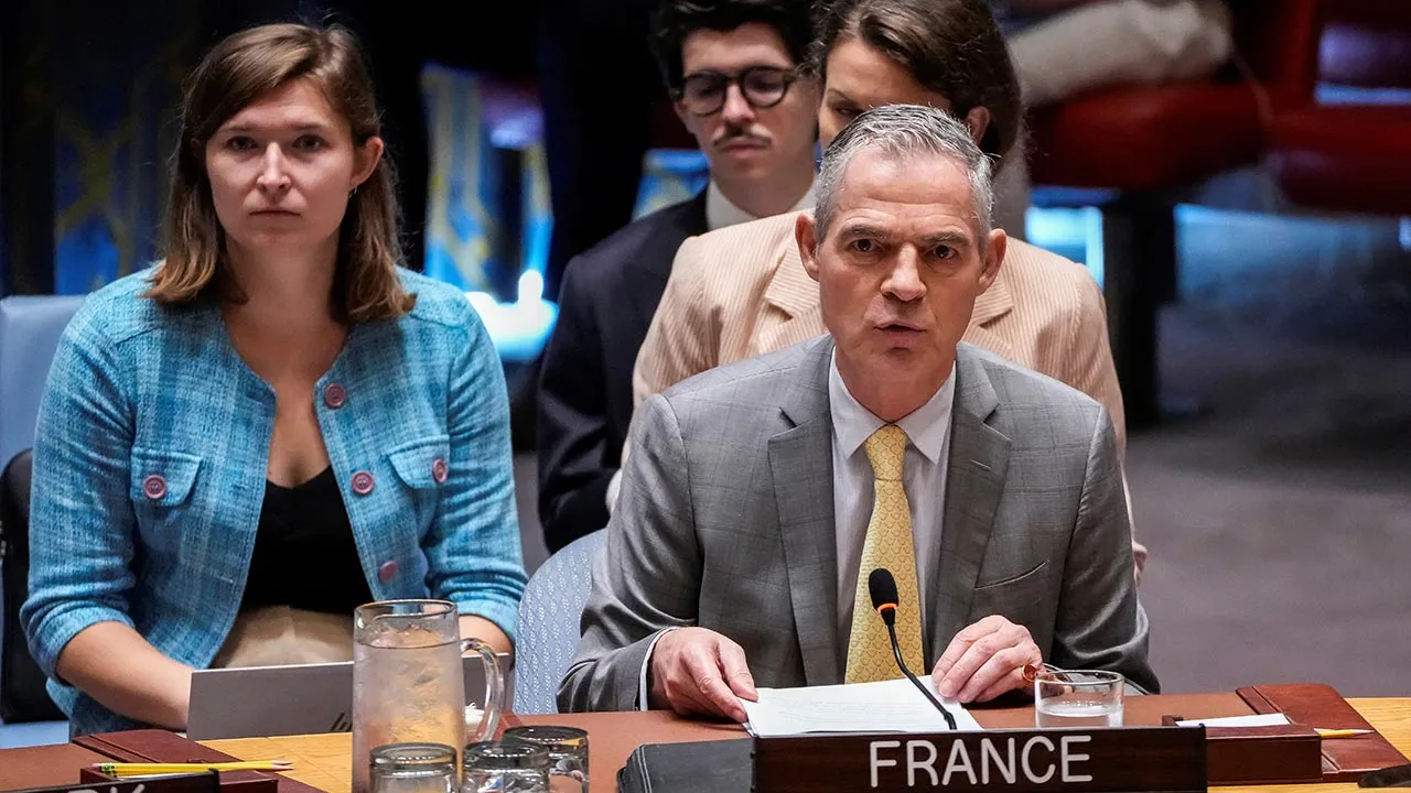 France's Permanent Representative to the UN Jerome Bonnafont addresses a United Nations Security Council meeting on the situation in Iran, at the United Nations headquarters, in New York City, U.S., July 10, 2026. REUTERS/Eduardo Munoz