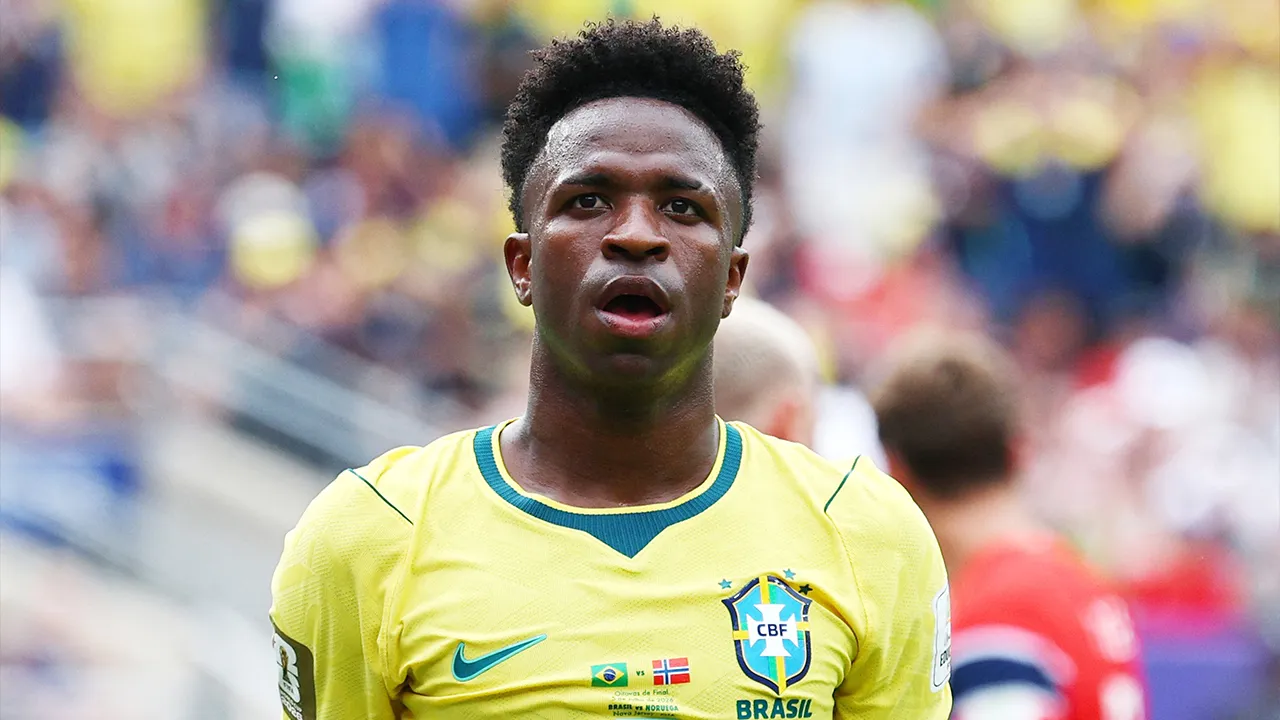 Soccer Football - FIFA World Cup 2026 - Round of 16 - Brazil v Norway - New York New Jersey Stadium, East Rutherford, New Jersey, U.S. - July 5, 2026 Brazil's Vinicius Junior reacts IMAGN IMAGES via Reuters