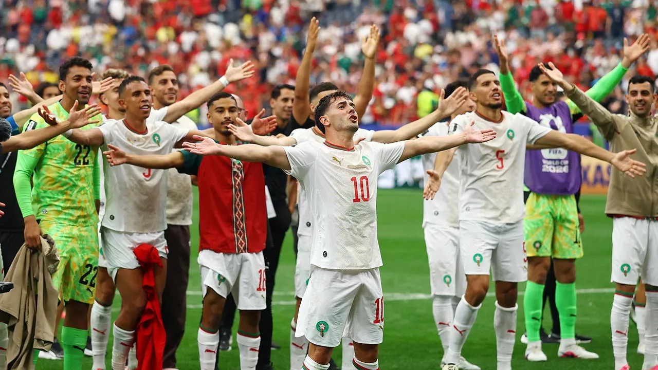 Soccer Football - FIFA World Cup 2026 - Round of 16 - Canada v Morocco - Houston Stadium, Houston, Texas, U.S. - July 4, 2026 Morocco's Brahim Diaz and teammates celebrate after the match REUTERS/Hannah Mckay