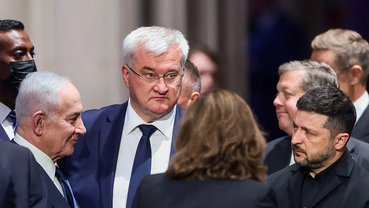 Israeli Prime Minister Benjamin Netanyahu, Ukrainian Foreign Minister Andrii Sybiha, Ukrainian President Volodymyr Zelenskiy and other officials on the day of the funeral service for late U.S. Senator Lindsey Graham (R-SC) at Washington National Cathedral in Washington, D.C., U.S., July 28, 2026. REUTERS/Evelyn Hockstein