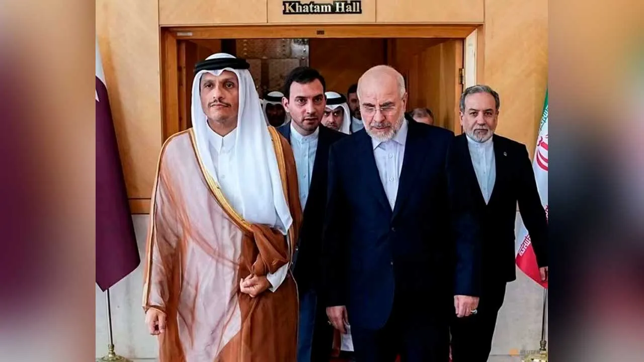 Iranian Parliament Speaker Mohammad Bagher Ghalibaf meets with Qatari Prime Minister and Foreign Minister Mohammed bin Abdulrahman Al Thani in Tehran, Iran, on Aug 27, 2026. (Photo: Reuters/Iranian Parliament Speaker Office)