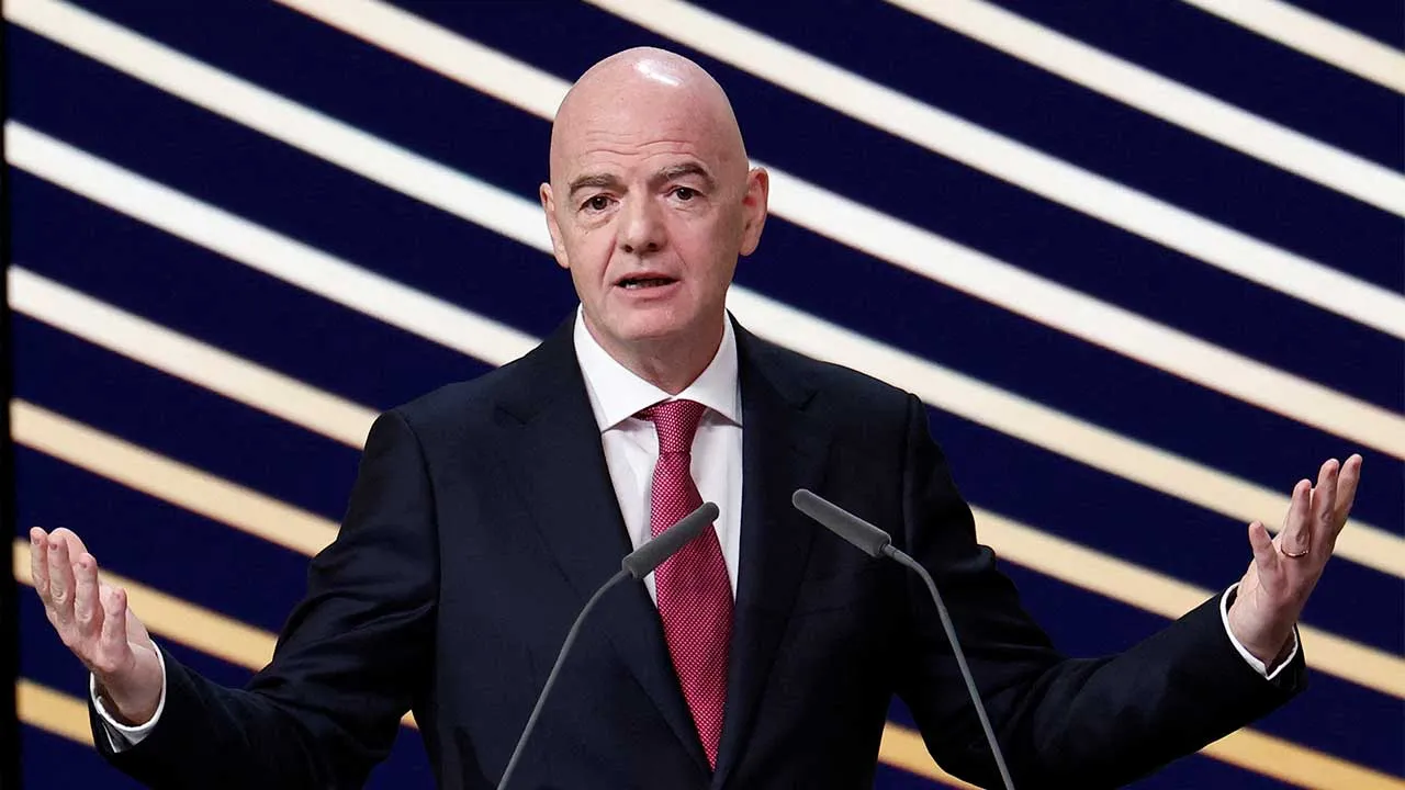 FILE PHOTO: Soccer Football - 50th Ordinary UEFA Congress - Brussels Expo, Brussels, Belgium - February 12, 2026 FIFA president Gianni Infantino speaks during the event REUTERS/Benoit Tessier/File Photo
