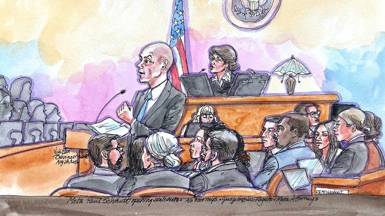 Meta's lawyer Paul Schmidt makes opening statements before U.S. District Judge Yvonne Gonzalez Rogers as Meta faces a landmark trial in federal court over claims from 29 states, alleging it improperly captured data from minors, designed its social media platforms to addict children and misled the public about their safety in Oakland, California, U.S., August 18, 2026 in a courtroom sketch. REUTERS/Vicki Behringer. NO RESALES. NO ARCHIVES. NO USE ABC, BBC, CBS, CNBC, CNN, FOX, NBC and all the broadcast TV lo