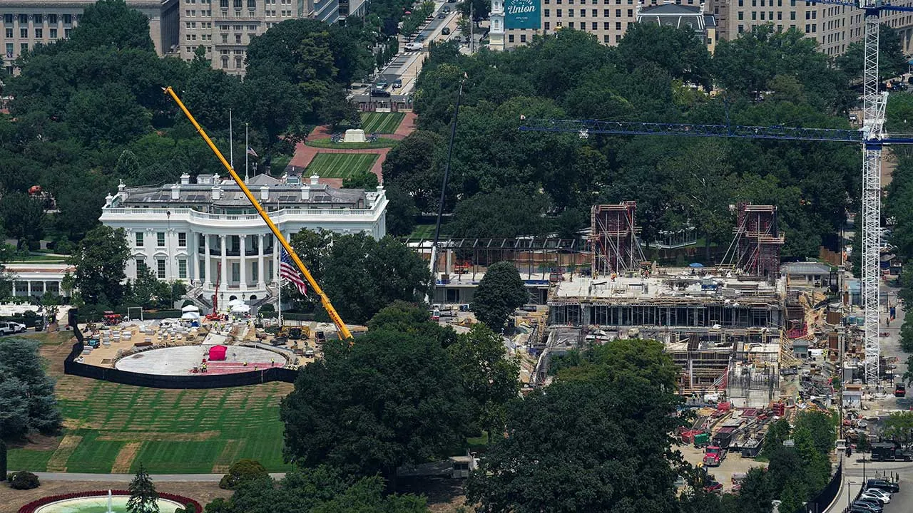 FILE PHOTO: The White House and the ongoing Ballroom construction as seen from a window at the Washington Monument, in Washington, D.C., U.S., July 15, 2026. REUTERS/Al Drago/File Photo