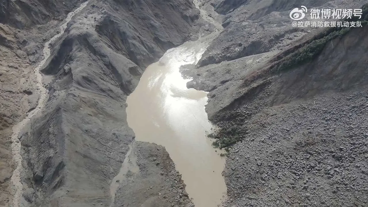 A drone view shows a barrier lake formed following a mudslide, in the border area between the Tibet Autonomous Region, China and Bagmati province, Nepal, August 27, 2026, in this screengrab obtained from a handout video. Lhasa Fire and Rescue Mobile Detachment/Handout via REUTERS THIS IMAGE HAS BEEN SUPPLIED BY A THIRD PARTY. MANDATORY CREDIT. NO RESALES. NO ARCHIVES. MUST NO OBSCURE LOGO.