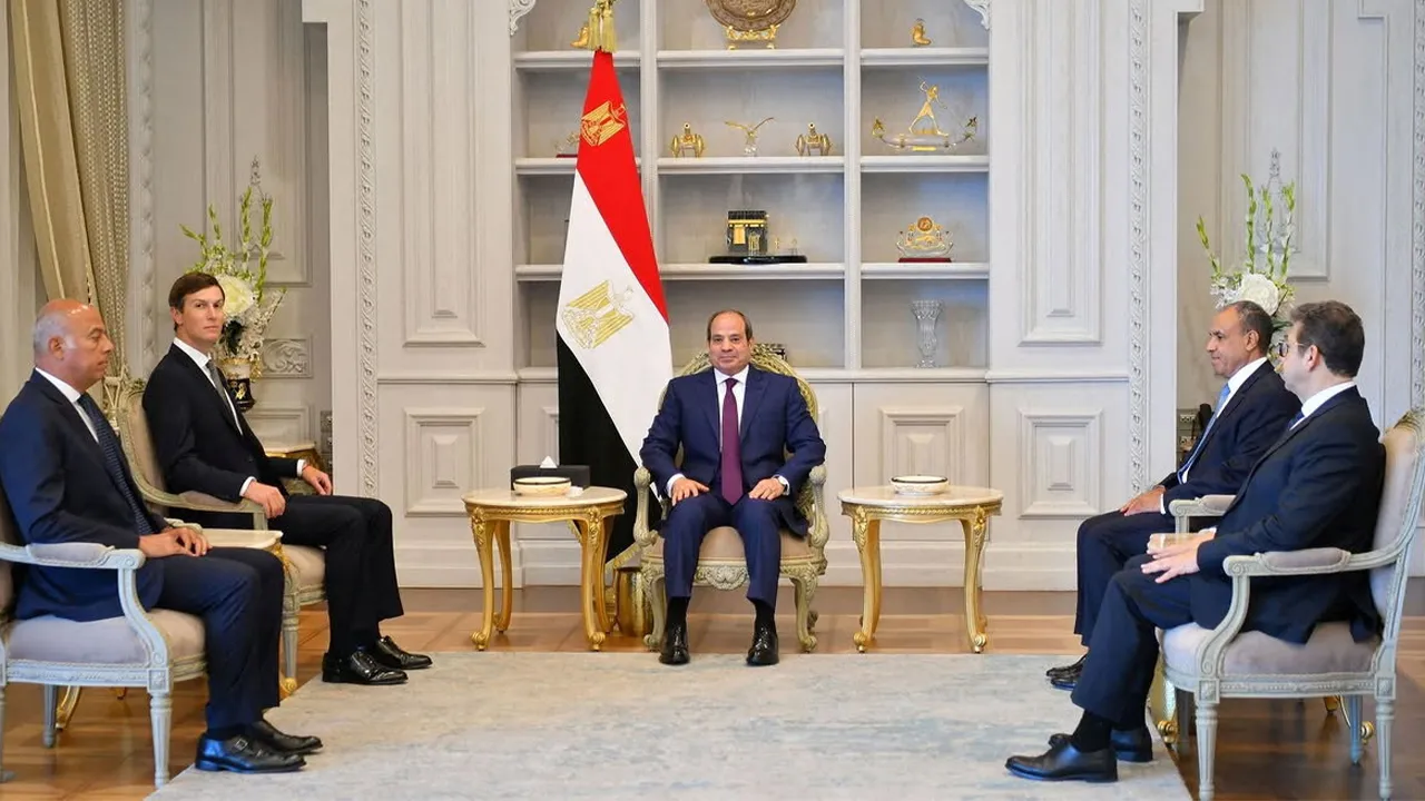 Jared Kushner, U.S President Donald Trump's envoy and son-in-law, meets with Egyptian President Abdel Fattah al-Sisi at a location given as El-Alamein, Egypt, in this handout photo released August 16, 2026. Egypt Presidential Handout/Handout via REUTERS THIS IMAGE HAS BEEN SUPPLIED BY A THIRD PARTY