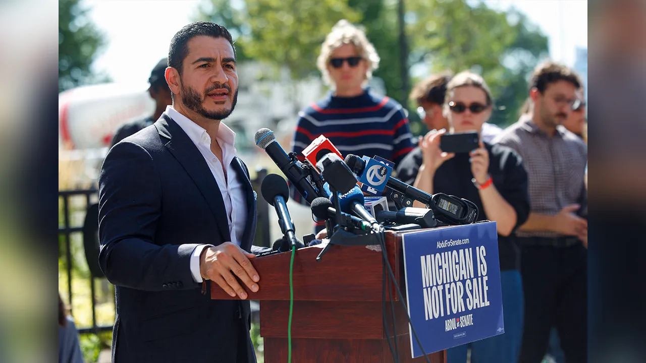 Abdul El-Sayed, winner of Michigan U.S, Democratic primary, speaks during a press conference in Detroit, Michigan, U.S. August 5, 2026. REUTERS/Rebecca Cook