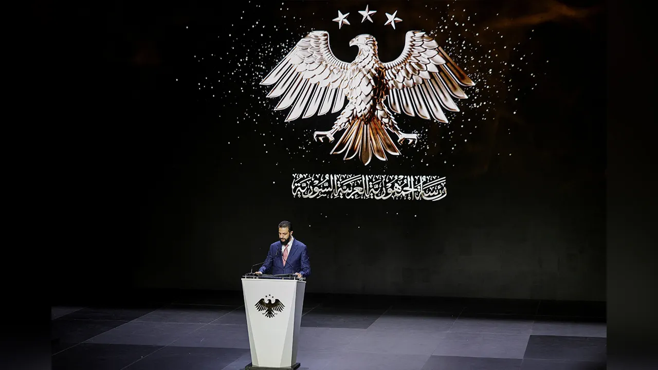 Syrian President Ahmed al-Sharaa speaks during the opening ceremony of the Damascus International Fair in Damascus, Syria, August 26, 2026. REUTERS/Khalil Ashawi