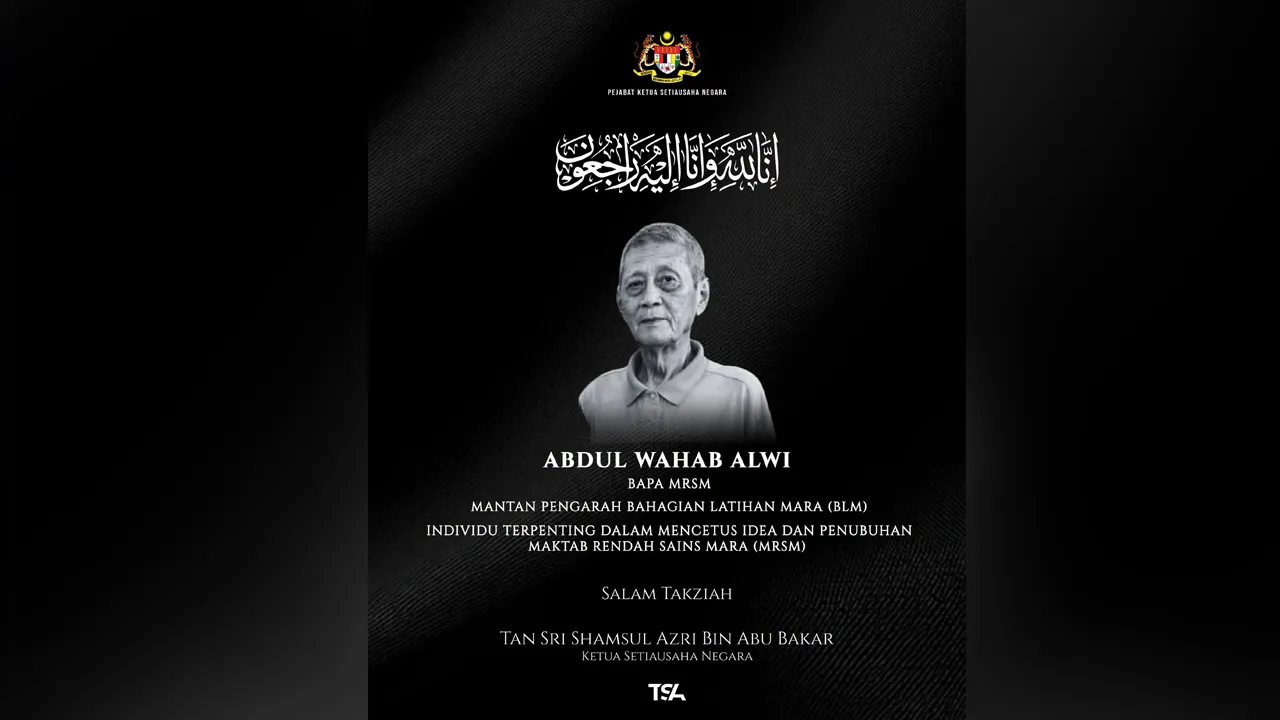 Salam takziah kepada seluruh keluarga Allahyarham Abdul Wahab Alwi, tokoh penting dalam sejarah penubuhan Maktab Rendah Sains MARA (MRSM).  Sesungguhnya jasa dan sumbangan Allahyarham dalam membuka jalan pendidikan serta membina masa depan anak bangsa akan terus terpahat dan dikenang.  Al-Fatihah (dibaca). Kredit: Facebook Shamsul Azri bin Abu Bakar