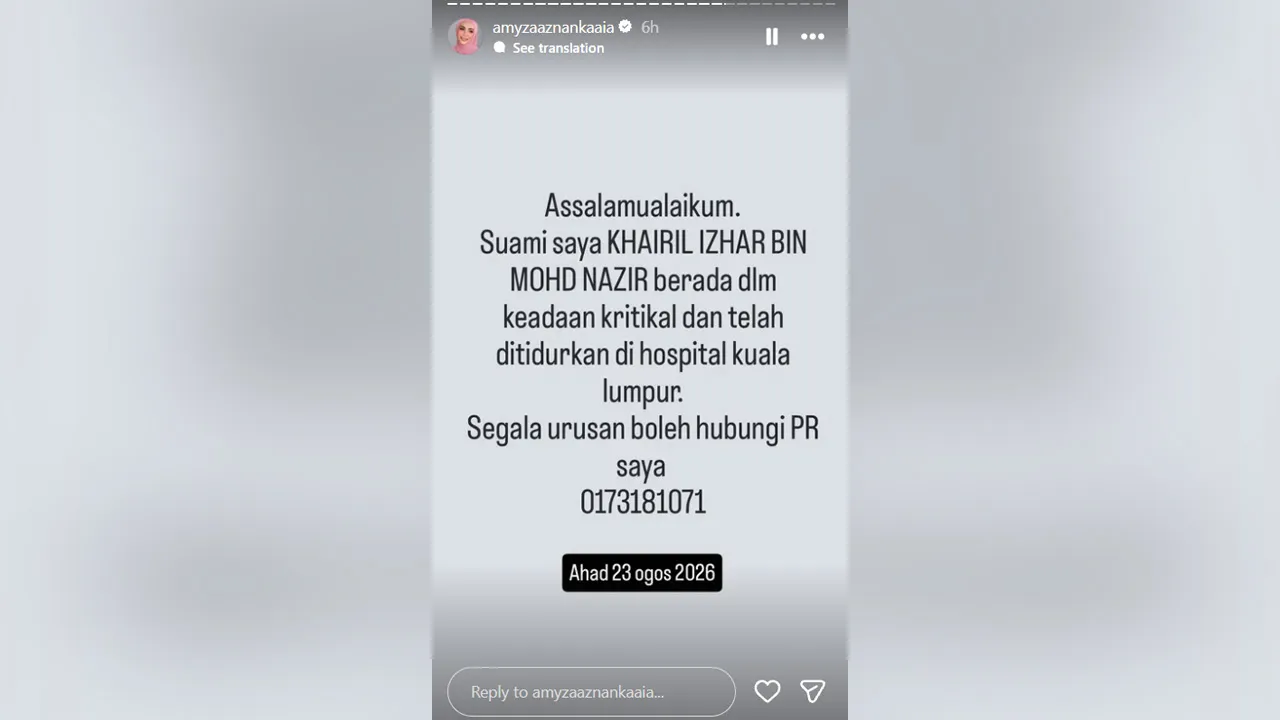 Suami Amyza Aznan dalam keadaan kritikal dan ditidurkan di HKL