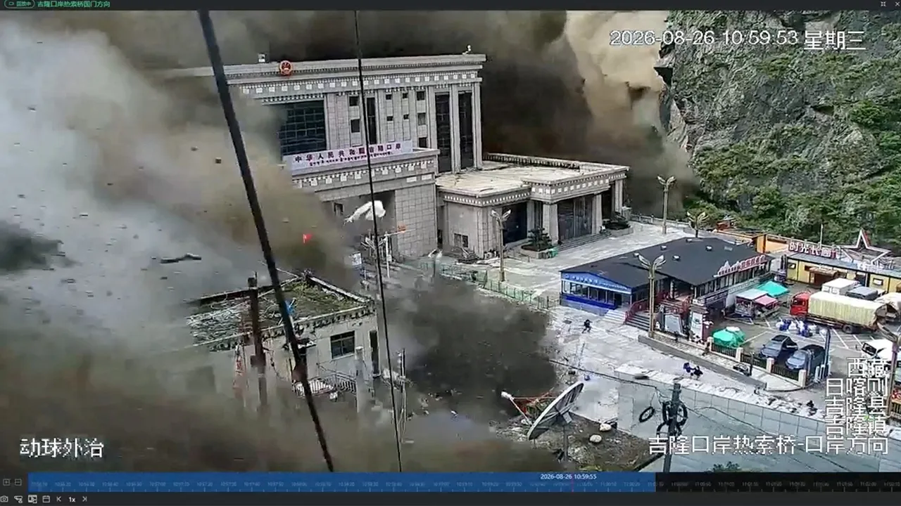 A CCTV footage shows people running away as wall of mud and water destroys buildings in a valley at Nepal-China border, in Gyirong, Tibet region, China August 26, 2026, in this screengrab obtained from a social media video. SOCIAL MEDIA/via REUTERS THIS IMAGE HAS BEEN SUPPLIED BY A THIRD PARTY. NO RESALES. NO ARCHIVES. NEWS USE ONLY. VERIFICATION: - Buildings, river, road layout and terrain matched archive and satellite imagery on Tibet-China border - Coordinates: 28.280317840785155, 85.37761006909693 - Dat