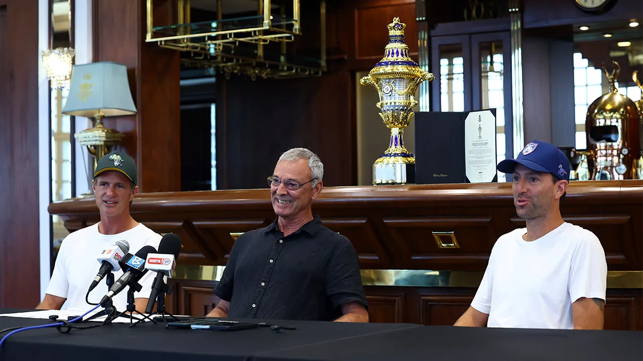 JOHOR BAHRU, Aug 28 -- (from left) Temasek team player Nachi Du Plessis, Royal Johor Polo Club representative and Special Officer to the Regent of Johor David Keyte, and Royal Johor team player Pablo Pieres speak to the media during a press conference on the Johor Super Crown Polo Tournament 2026 at Istana Pasir Pelangi, here, today._BERNAMA