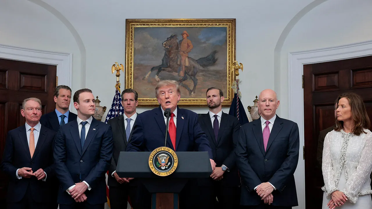 U.S. President Donald Trump delivers remarks accompanied by Securities Exchange Commission (SEC) Chairman Paul Atkins, Commodity Futures Trading Commission (CFTC) Chairman Michael Selig, Crypto advisor Patrick Witt, CEO of Intercontinental Exchange Jeffrey C. Sprecher, Nasdaq's Chair and Chief Executive Officer Adena T. Friedman and cryptocurrency executives, in the Roosevelt Room at the White House in Washington D.C., U.S., August 19, 2026. REUTERS/Kylie Cooper