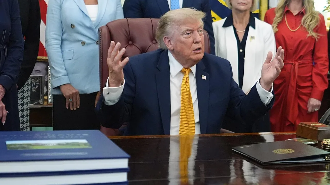 President Donald Trump speaks during a meeting about military families, in the Oval Office of the White House, Monday, Aug. 3, 2026, in Washington. (AP Photo/Alex Brandon)