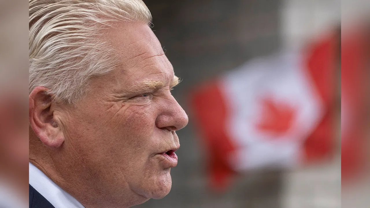Ontario Premier Doug Ford speaks to the media about the collapse of trade talks between Canada and the United States, in Hamilton, Ontario, Canada, August 24, 2026. REUTERS/Carlos Osorio