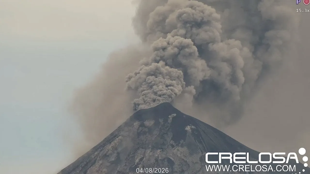 Guatemala's Fuego volcano erupts as seen from Agua volcano, in Sacatepequez, Guatemala, August 4, 2026 in this screen grab taken from a handout video. CRELOSA/Handout via REUTERS THIS IMAGE HAS BEEN SUPPLIED BY A THIRD PARTY. NO RESALES. NO ARCHIVES. MANDATORY CREDIT. MUST NOT OBSCURE LOGO