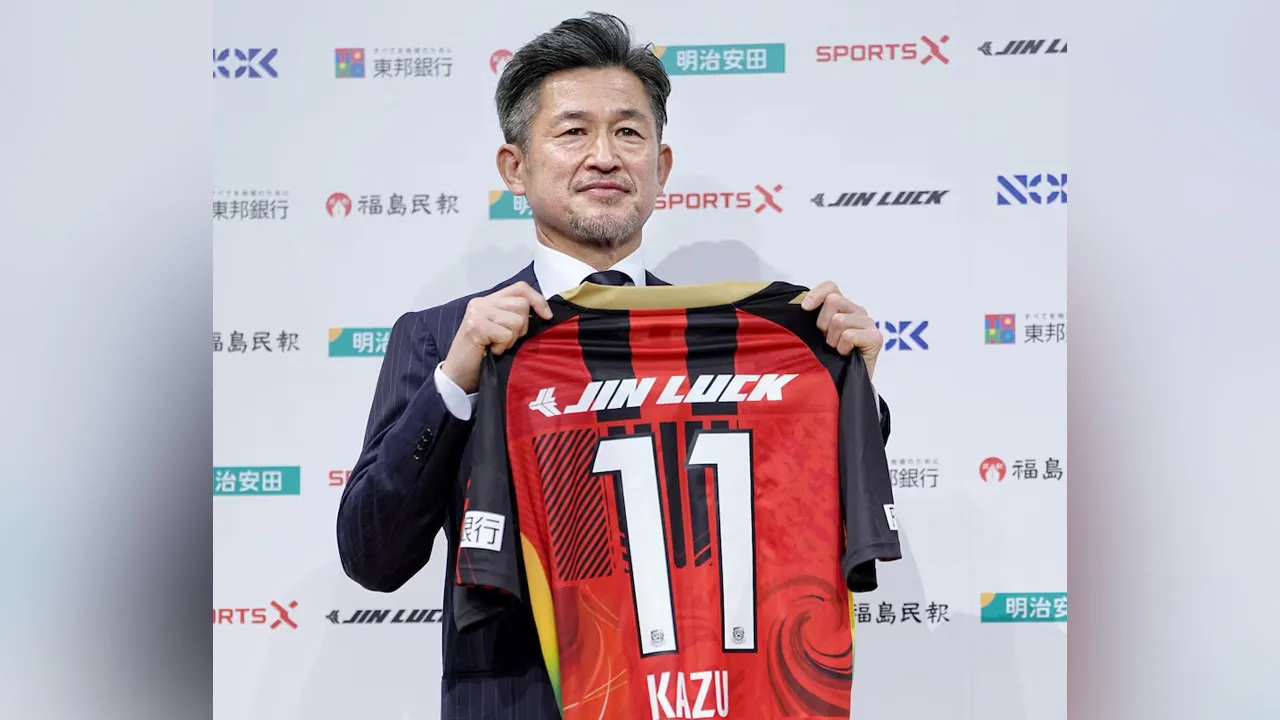 Japan's soccer player Kazuyoshi Miura, 58, known as 'King Kazu', poses for a photograph during his first news conference after joining Fukushima United in the J-League third division in Tokyo, Japan January 9, 2026, in this photo taken by Kyodo. Mandatory credit Kyodo/via REUTER