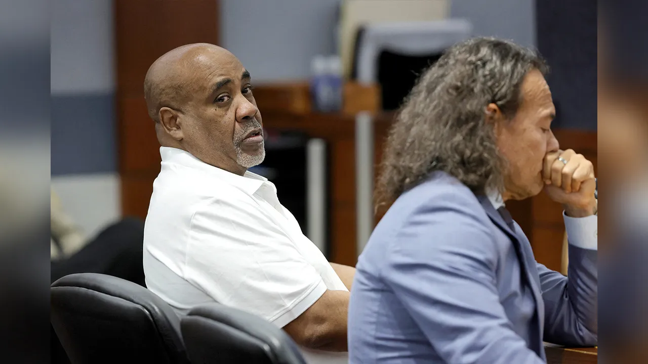 Duane "Keffe D" Davis appears in court next to his attorney Michael Sanft on the third day of jury selection for his trial for his alleged role in leading a group of men to kill Tupac Shakur in a 1996 drive-by shooting near the Las Vegas Strip, in Las Vegas, Nevada, U.S., August 12, 2026. Steve Marcus/via REUTERS