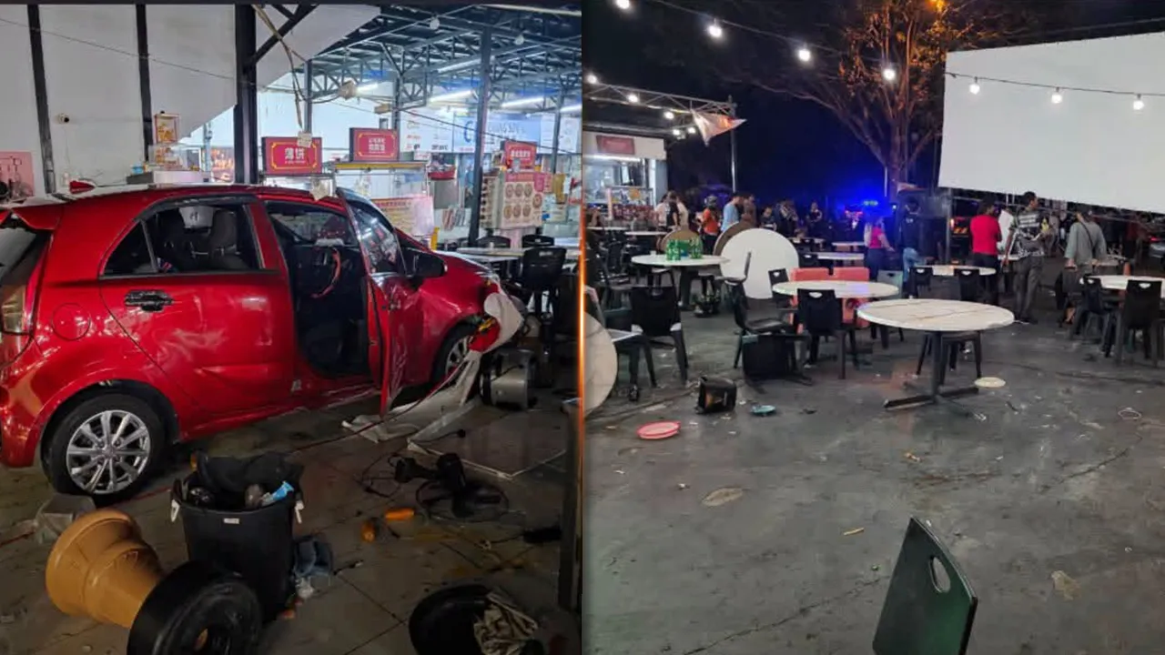 Seorang wanita maut selepas dihempap sebatang tiang besi yang tumbang akibat dirempuh sebuah kereta di medan selera di Bandar Mahkota Cheras awal pagi tadi. -- BERNAMA