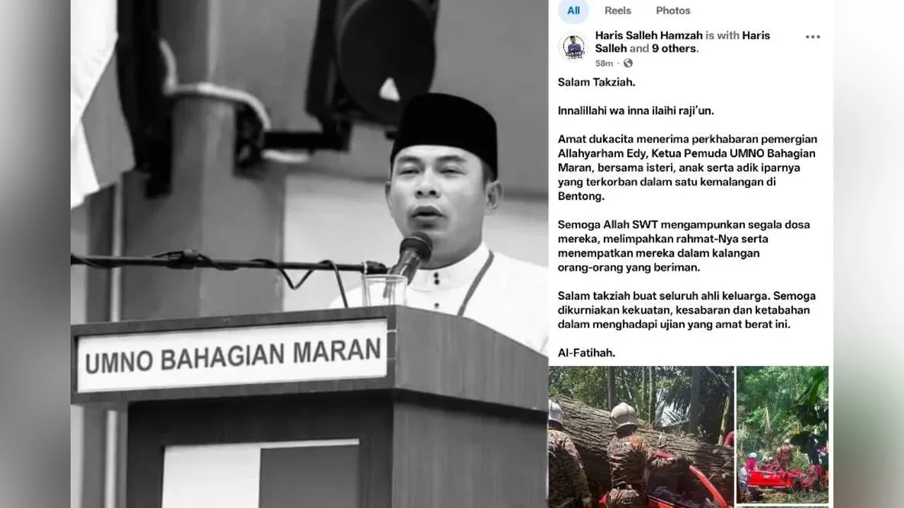 KUANTAN - Ketua Pemuda UMNO Bahagian Maran, Mohd Radzi Rahimi antara empat mangsa yang maut dalam kejadian kenderaan pacuan empat roda dinaiki mereka dihempap pokok tumbang di Jalan Lama Bentong, Bentong pada Isnin.