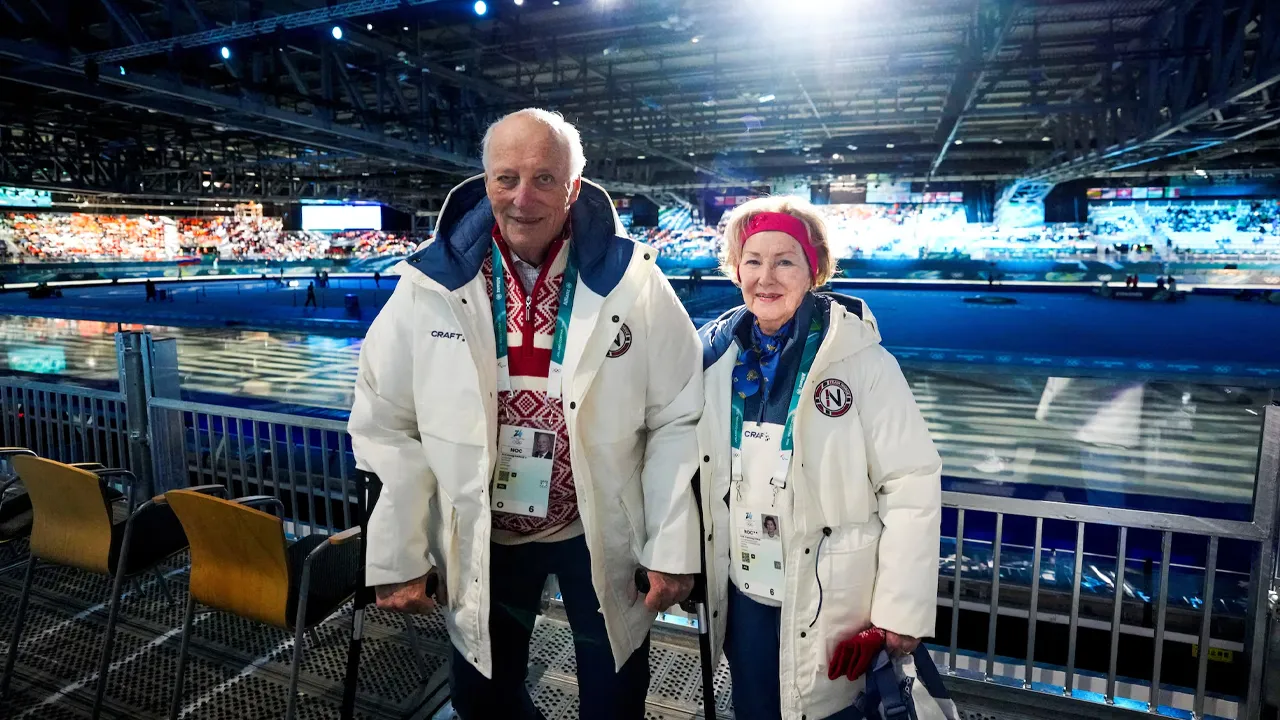 King Harald and Queen Sonja of Norway at the Milano Speed Skating Stadium during the Milano-Cortina 2026 Winter Olympics in Milan, Italy, February 7, 2026. NTB/Heiko Junge via REUTERS