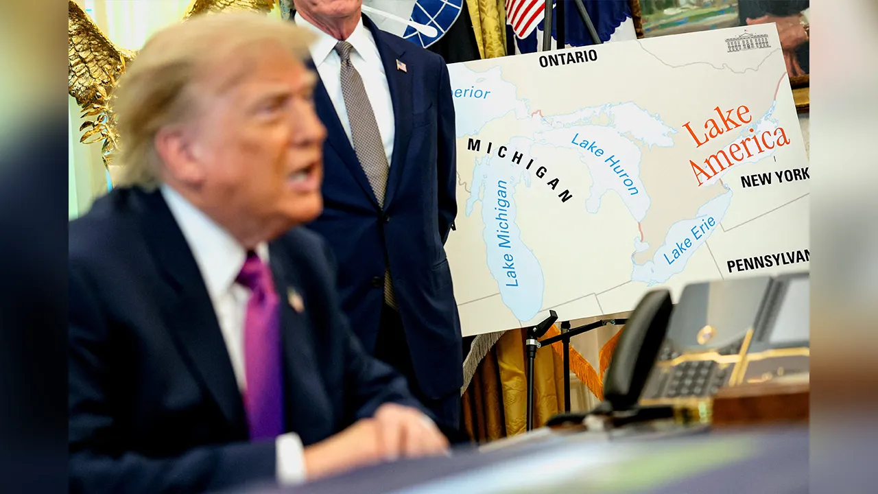 U.S. President Donald Trump speaks next to a map with "Lake America" written on it as he attends an event to sign an executive order renaming Lake Ontario as Lake America at the Oval Office of the White House in Washington, D.C., U.S., August 27, 2026. REUTERS/Evan Vucci