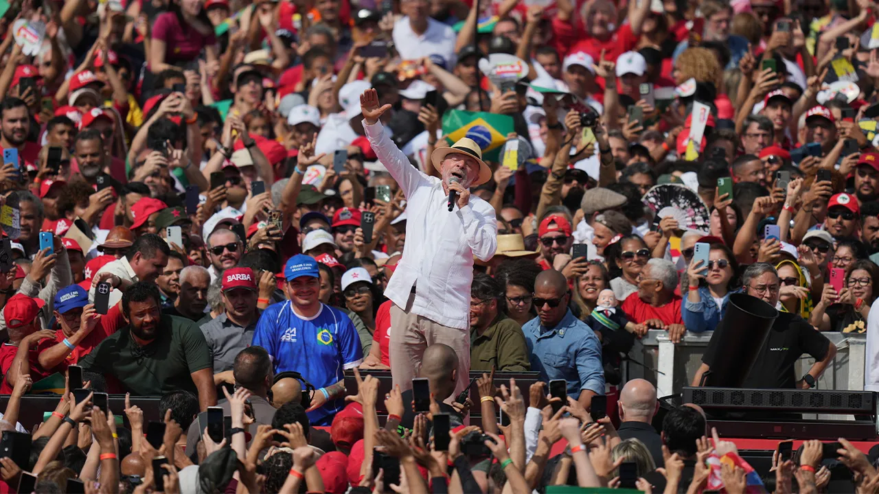 Brazilian President Luiz Inacio Lula da Silva speaks during a presidential reelection campaign rally in Sao Bernardo do Campo, Sao Paulo state, Brazil, Sunday, Aug. 16, 2026. (AP Photo/Andre Penner)