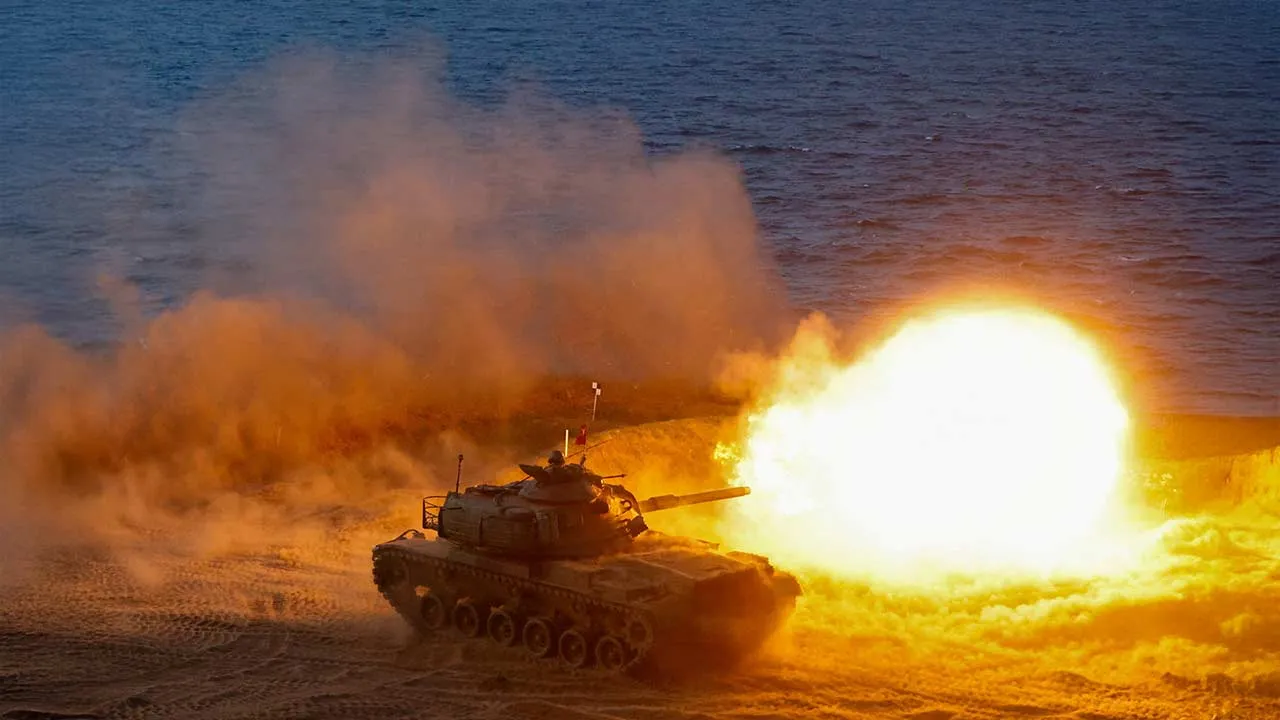An M60A3 tank fires during a live-fire drill as part of the Han Kuang military exercise in Penghu, Taiwan, August 10, 2026. REUTERS/Ann Wang TPX IMAGES OF THE DAY