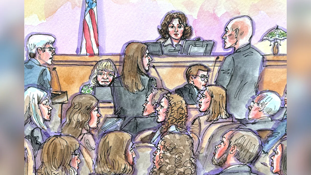States' attorneys and Meta lawyers speak with U.S. District Judge Yvonne Gonzalez Rogers after Meta Platforms agreed to pay up to $18 billion over the next decade and strictly limit how teenagers use Facebook and Instagram under an agreement with nearly all U.S. states to resolve claims it designed those social media platforms to addict children, in Oakland, California, U.S., August 26, 2026 in this courtroom sketch. REUTERS/Vicki Behringer NO RESALES. NO ARCHIVES. NO USE ABC, BBC, CBS, CNBC, CNN, FOX, NBC 