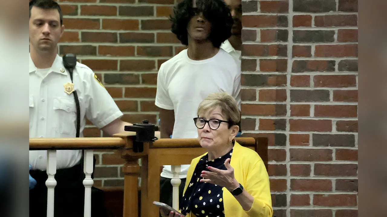 Arjun Aravind listens as his lawyer Debra DeWitt speaks during his arraignment at Concord District Court in Concord, Mass., on Thursday, Aug. 13, 2026, for the murders of his mother and younger brother at their home in Acton, Mass. (Lane Turner/The Boston Globe via AP)