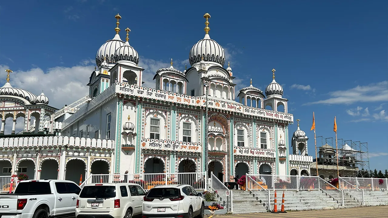The Nanaksar Gurdwara Gursikh Temple in northeast Edmonton, Alberta, Canada, on Friday, Aug. 21, 2026. (Daniela Germano/The Canadian Press via AP)
