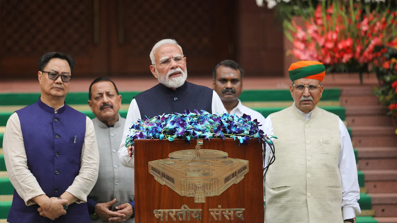 Indian Prime Minister Narendra Modi addresses the press upon his arrival to attend the first day of the monsoon session of parliament in New Delhi, India, July 20, 2026. REUTERS/Altaf Hussain