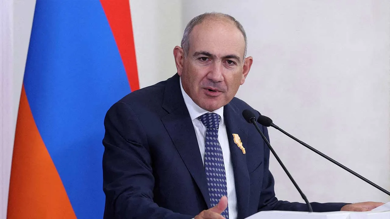 FILE PHOTO: Armenian Prime Minister Nikol Pashinyan makes a statement during a meeting with European Commission President Ursula von der Leyen in Yerevan, Armenia, July 2, 2026. Hayk Baghdasaryan/Photolure via REUTERS ATTENTION EDITORS - THIS IMAGE HAS BEEN SUPPLIED BY A THIRD PARTY/File Photo