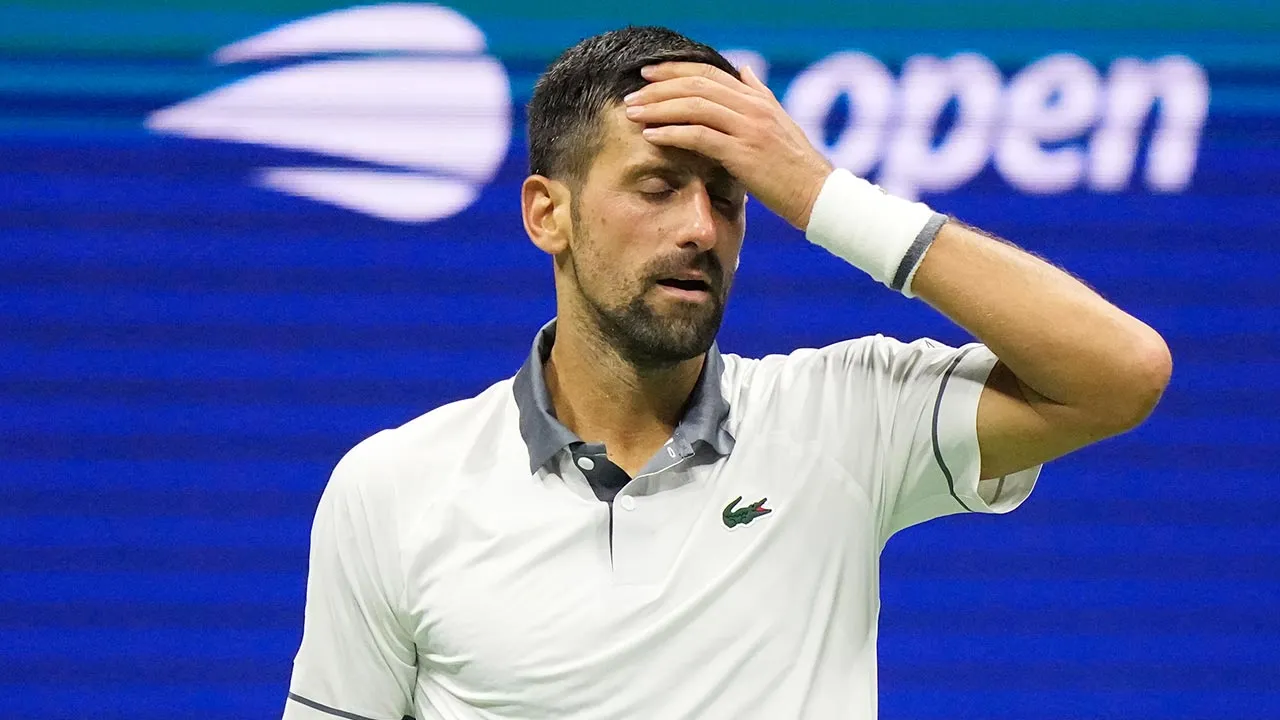 Novak Djokovic, of Serbia, reacts during the first round of the U.S. Open tennis championships against Mariano Navone, of Argentina, Sunday, Aug. 30, 2026, in New York. (AP Photo/Frank Franklin II)