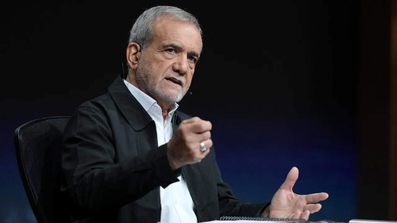 Iranian presidential candidate Masoud Pezeshkian attends an election debate at a television studio in Tehran, Iran July 2, 2024. Morteza Fakhri Nezhad/IRIB/WANA (West Asia News Agency)/Handout via REUTERS ATTENTION EDITORS - THIS PICTURE WAS PROVIDED BY A THIRD PARTY