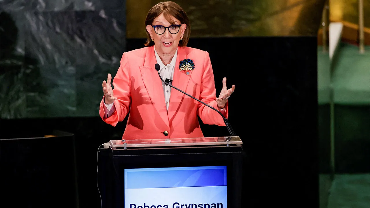 FILE PHOTO: Candidate for the position of United Nations secretary-general, Rebeca Grynspan Mayufis, speaks during the "UN Town Hall: The Next Secretary-General" event at United Nations headquarters in New York City, U.S., July 23, 2026. REUTERS/Eduardo Munoz/File Photo