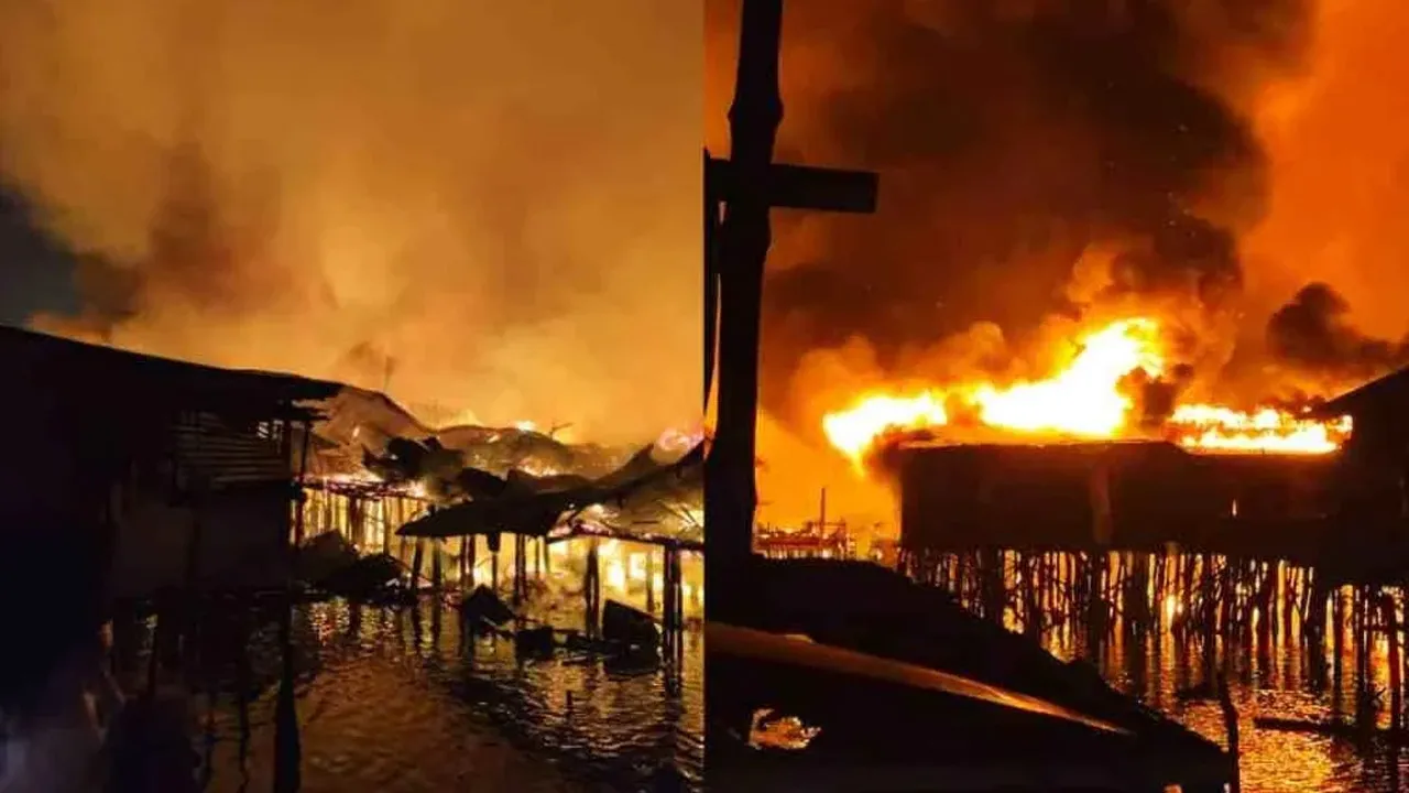 KOTA KINABALU - Dua ditemukan rentung manakala seorang lagi hilang dalam kejadian kebakaran melibatkan kira-kira 200 rumah atas air melibatkan tiga kampung di sini pada awal pagi Ahad._Sinar Harian