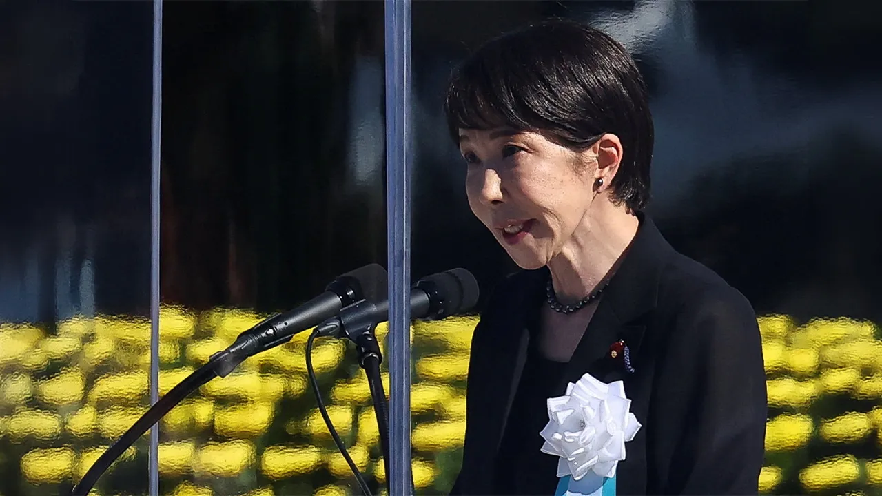 Japanese Prime Minister Sanae Takaichi delivers a speech during a memorial ceremony marking the 81st anniversary of the atomic bombing, at Hiroshima Peace Memorial Park in Hiroshima, western Japan, August 6, 2026. REUTERS/Issei Kato