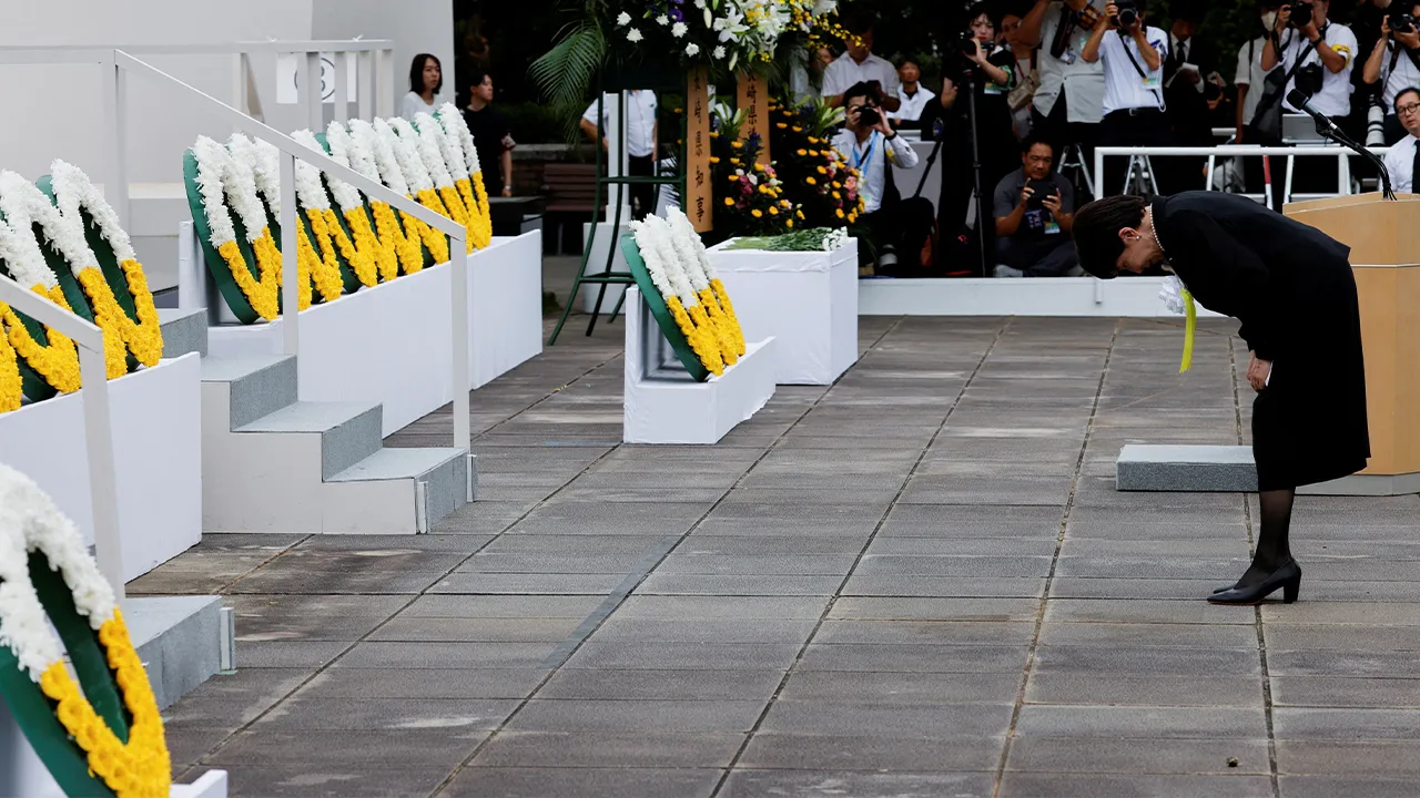 Japanese Prime Minister Sanae Takaichi bows after laying a wreath for the victims of the 1945 atomic bombing during a ceremony commemorating the 81st anniversary of the bombing of Nagasaki at Nagasaki Peace Park in southwestern Japan, August 9, 2026. REUTERS/Manami Yamada TPX IMAGES OF THE DAY
