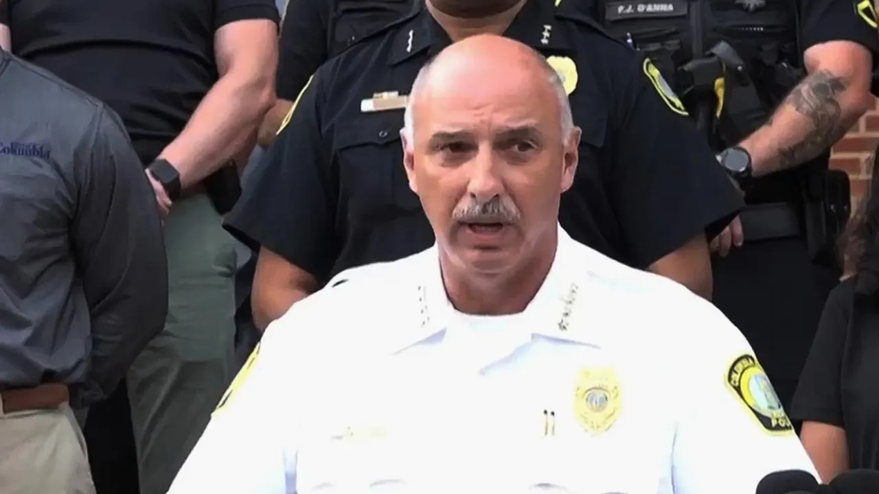 In this image made from video provided by WLTX News19, Columbia police Chief W.H. “Skip” Holbrook speaks during a news conference about a shooting that killed one of the department’s officers and injured at least one other, in Columbia, S.C., Saturday, Aug. 29, 2026. (WLTX via AP)